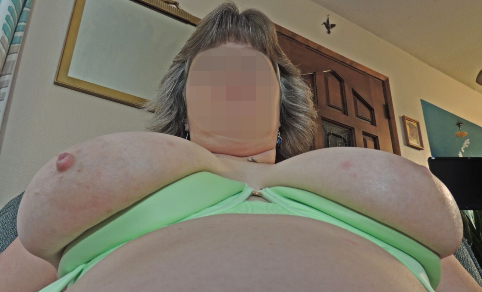 Une pute BBW empilée affiche ses grosses trayeuses en soutien-gorge vert