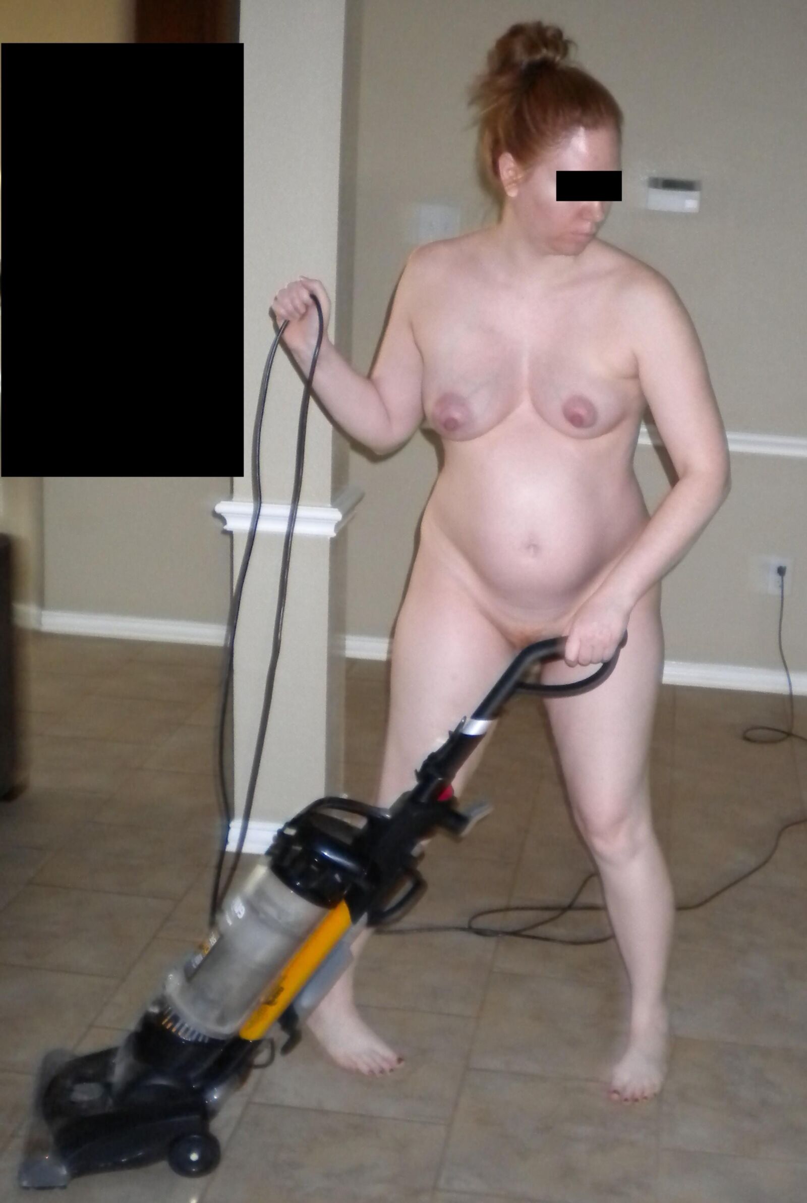 Redhead Wife 6 Months Pregnant Vacuuming 