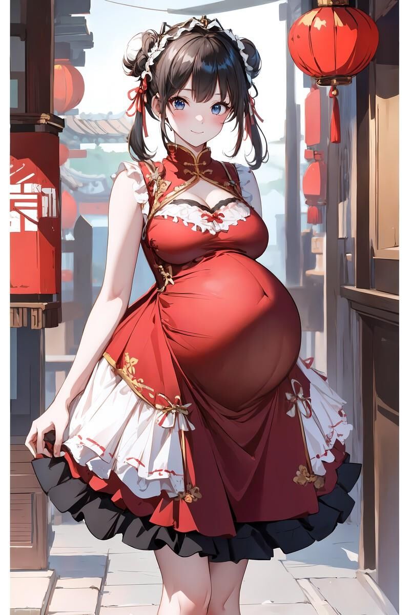 Pregnant Girls Wearing Chinese Dresses 